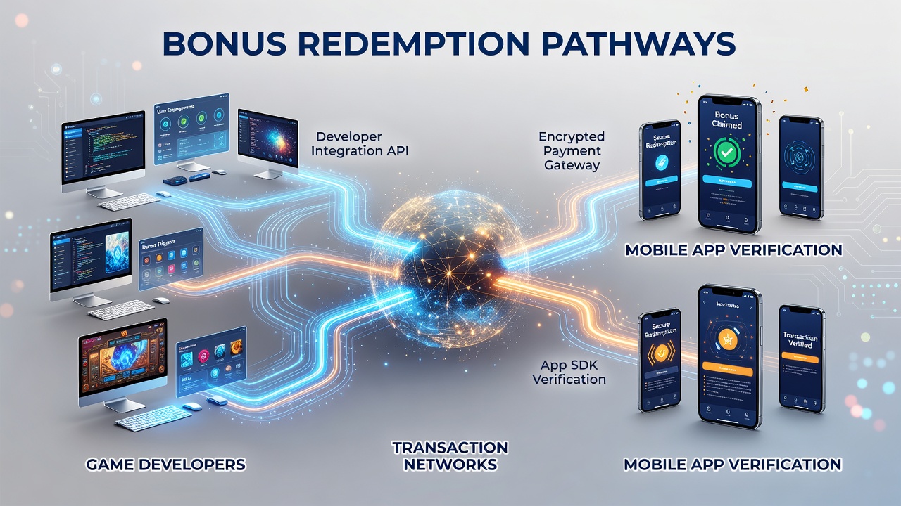 Flowchart of mobile verification steps connecting to transaction networks during bonus redemption